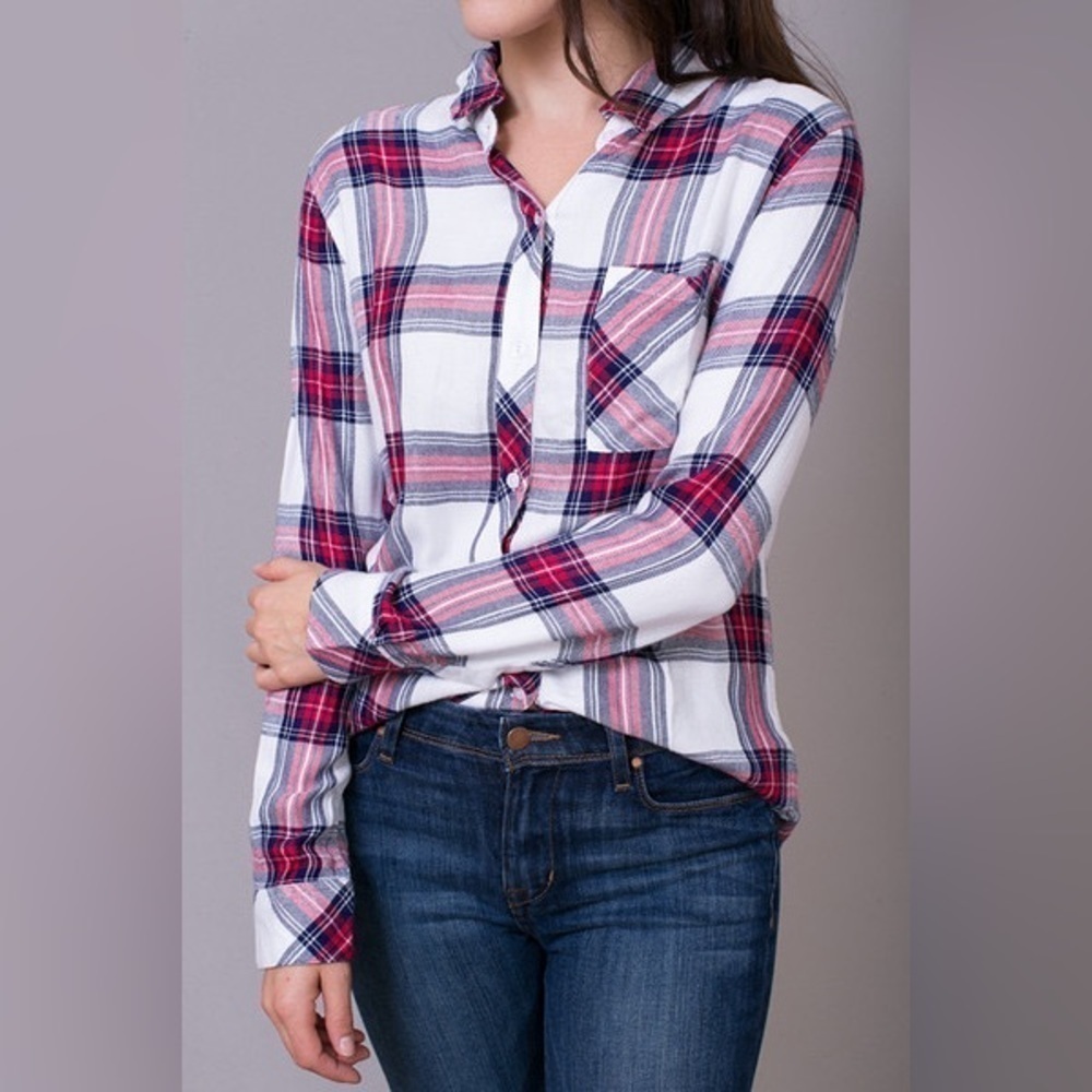 RAILS Women’s Hunter Plaid Button-Down Shirt- White Midnight Rose/ Size Small